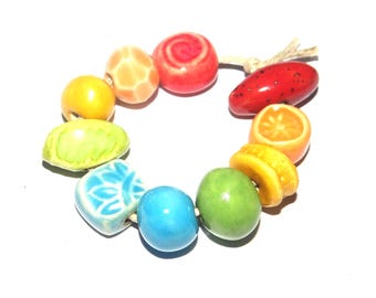 Ceramic Bead Set Textured Glazed Pottery Clay Handmade 8-15mm