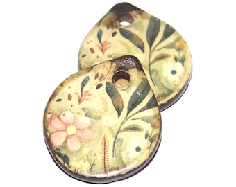 Ceramic Floral Charms Beads Pair Porcelain 18mm CC10-3
