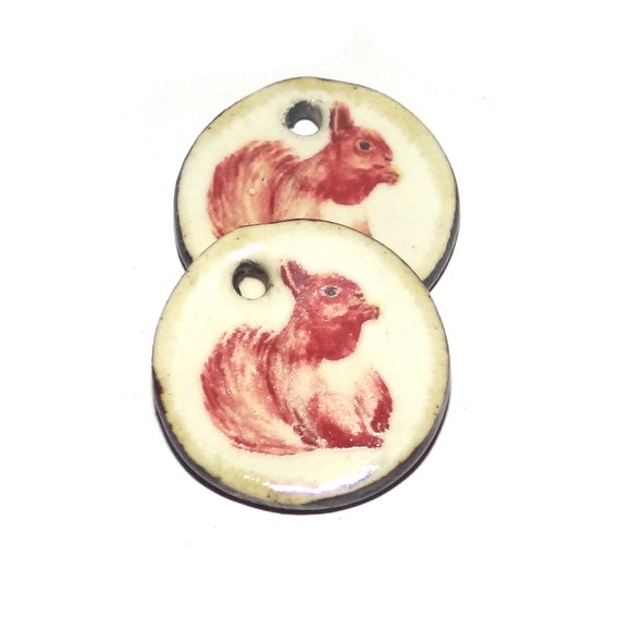 Ceramic Squirrel Earring Charms Pair Beads Handmade Rustic 18mm/0.7" P1-1