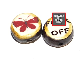 1 Ceramic Double Sided Quote Bead Porcelain Handmade  15mm PP3-1
