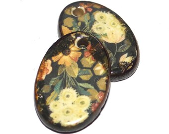 Ceramic Floral Patterned Charms Earring Bead Pair 22mm PP2-2