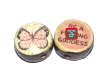 1 Ceramic Double Sided Quote Bead Porcelain Handmade Adult 19mm BB4-2