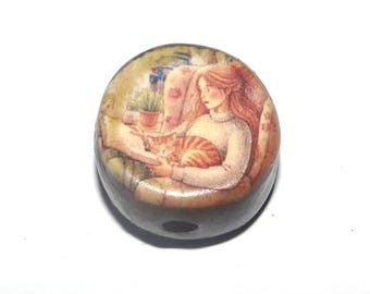 Ceramic Reading Cat Focal Bead Handmade Pottery Beads 16mm PP7-4