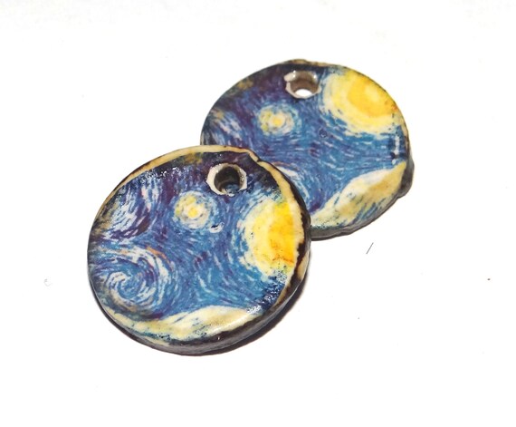Ceramic Starry Night Earring Charms Pair Beads Handmade Rustic 18mm CC2-3