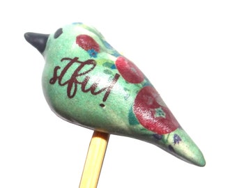 Ceramic STFU Bird Focal Bead Pendant Handmade Pottery Beads Quote Floral 35mm