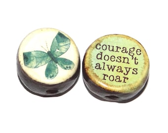 1 Ceramic Two Sided Quote Bead Butterfly Porcelain Handmade  16-18mm BB4-2