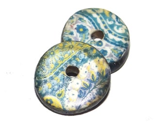 Ceramic Floral Patterned Disk Charms Beads Pair Porcelain 15mm PP2-1