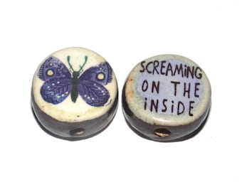 1 Ceramic Double Sided Quote Bead Porcelain Handmade 19mm CC4-4