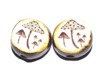 Ceramic Mushrooms Beads Pair Porcelain 14mm CC9-2