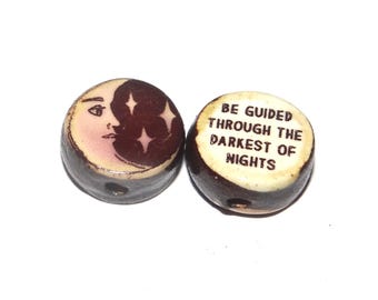 1 Ceramic Moon Double Sided Quote Bead Porcelain Handmade 13mm BB4-4