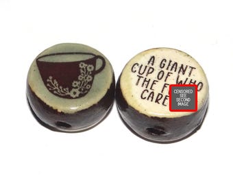 1 Ceramic Coffee Double Sided Quote Bead Porcelain Handmade 15mm BB4-3