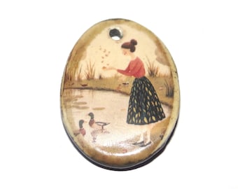 Ceramic Feed The Ducks Pendant Handmade Focal Porcelain 30mm CC4-1