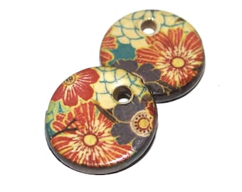 Ceramic Floral Patterned Charms Earring Bead Pair 16mm PP5-2