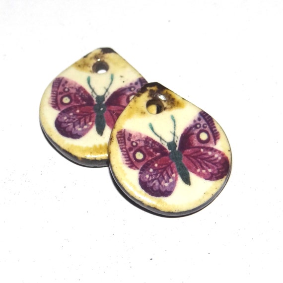 Ceramic Butterfly Earring Charms Pair Beads Handmade Rustic 18mm/0.7" CC2-3