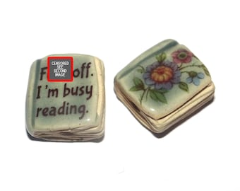 Ceramic Book Bead Focal Handmade Rustic Floral Quote Word Sculpture Porcelain 22mm
