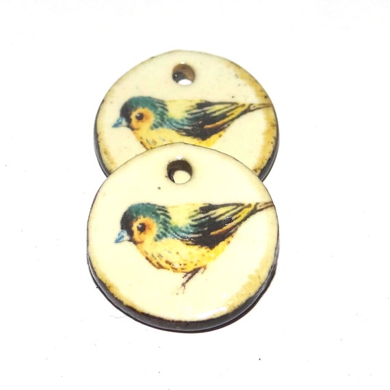 Ceramic Bird Earring Charms Pair Beads Handmade Rustic 18mm/0.7" P1-1