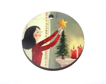 Wooden Two Sided Winter Christmas Tree Pendant Handmade 30mm MM7-1