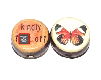 1 Ceramic Double Sided Quote Bead Porcelain Handmade Adult 19mm BB4-1