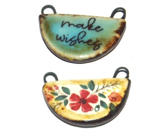 Ceramic Two Sided Floral Quote Pendant Handmade Focal Porcelain 26mm PP5-3