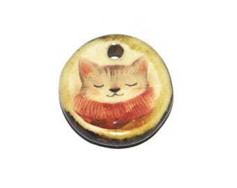 Ceramic Cat Charm Pendant Porcelain Handmade 17mm PP9-2