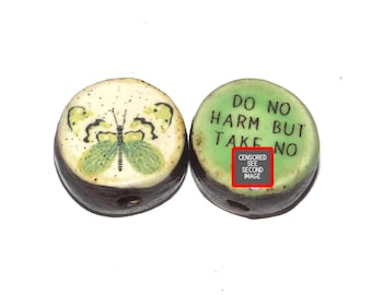 1 Ceramic Double Sided Quote Bead Porcelain Handmade Adult 19mm BB2-2