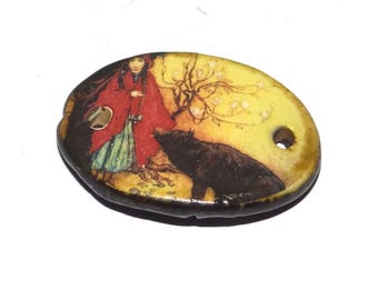 Ceramic Red Riding Hood Wolf Bracelet Bar Cuff Porcelain 26mm PP8-2