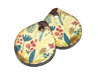 Ceramic Floral Leaf Charms Beads Pair Porcelain 18mm CC9-2