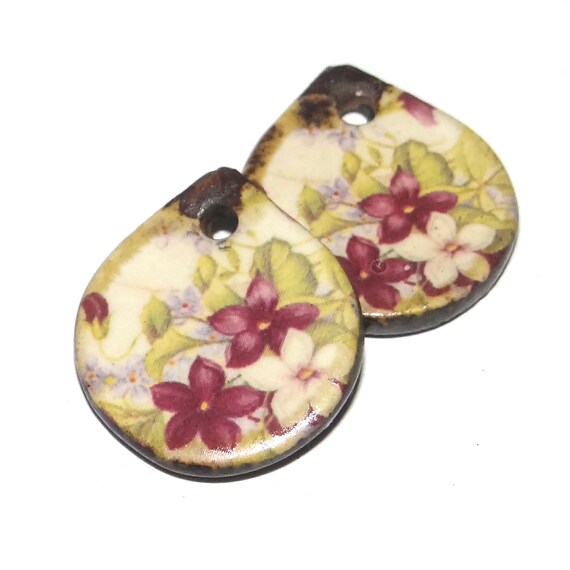 Ceramic Floral Rustic Charms Beads Pair Porcelain 20mm CC3-4