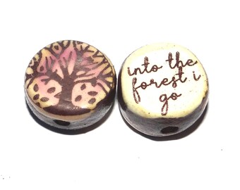 1 Ceramic Forest Double Sided Quote Bead Handmade 13mm BB4-3