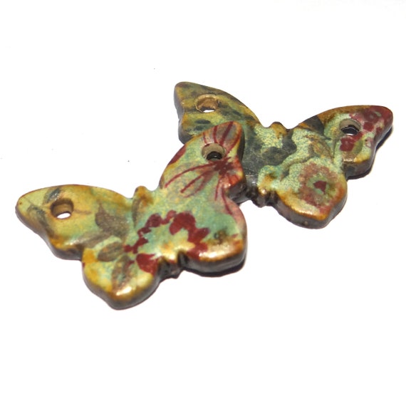 Ceramic Floral Butterfly Earring Charms Pair Beads Handmade Rustic 28mm CC2-1