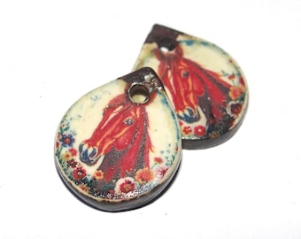 Ceramic Horse Charms Beads Pair Porcelain 18mm CC3-1