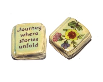 Ceramic Book Bead Focal Handmade Rustic Floral Quote Word Sculpture Porcelain 22mm