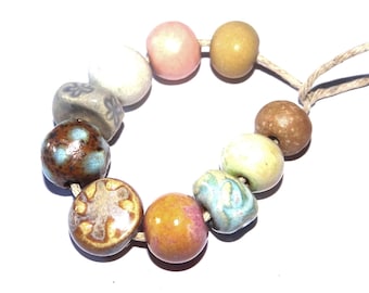 Ceramic Bead Set Textured Glazed Pottery Clay Handmade Porcelain 8-15mm