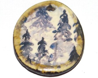 Ceramic Winter Forest Pendant Handmade Focal Porcelain 30mm CC5-2