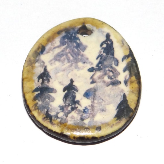 Ceramic Winter Forest Pendant Handmade Focal Porcelain 30mm CC5-2