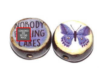1 Ceramic Two Sided Quote Bead Porcelain Handmade  20mm PP5-1