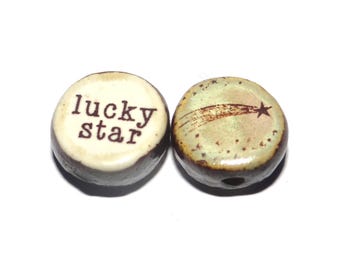 1 Ceramic Star Double Sided Quote Bead Porcelain Handmade 13mm BB5-4