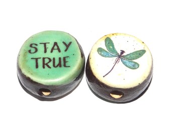 1 Ceramic Two Sided Quote Bead Butterfly Porcelain Handmade  16-18mm BB4-1