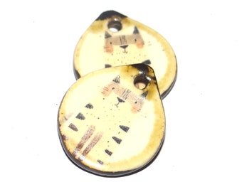 Ceramic Cat Earring Charms Pair Beads Handmade Rustic 18mm/0.7" P1-1