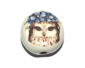 Ceramic Owl Focal Bead Handmade Pottery Beads 17mm PP6-3
