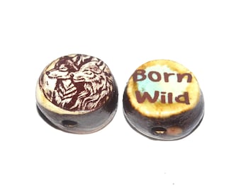 1 Ceramic Wolf Double Sided Quote Bead Porcelain Handmade 13mm BB4-3