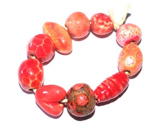 Ceramic Bead Set Textured Glazed Pottery Clay Handmade Porcelain 8-15mm
