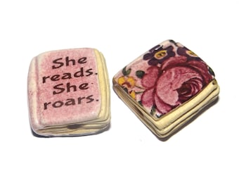 Ceramic Book Bead Focal Handmade Rustic Floral Quote Word Sculpture Porcelain 22mm