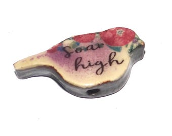 Ceramic Bird Bead Focal Handmade Rustic Floral Quote Word Porcelain 30mm PP2-1