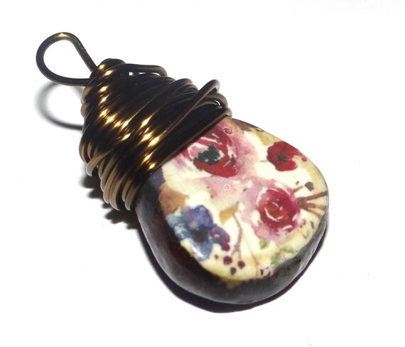Ceramic Wire Wrapped Floral Pendant Handmade Focal Porcelain 40mm 1.6" CC8-1