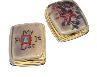 Ceramic Book Bead Focal Handmade Rustic Floral Quote Word Sculpture Porcelain 22mm BB9-3