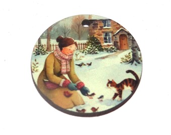 Wooden Two Sided Winter Scene Pendant Handmade 30mm MM3-4