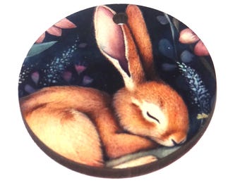 Wooden Two Sided Bunny Pendant Porcelain Handmade 30mm MM10-4