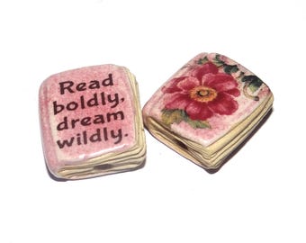 Ceramic Book Bead Focal Handmade Rustic Floral Quote Word Sculpture Porcelain 22mm