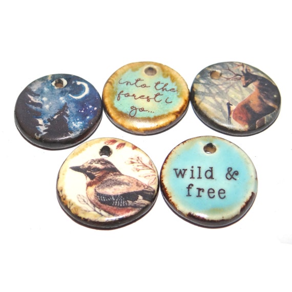 Ceramic Forest Charm Set Quotes Porcelain Handmade 15mm 0.6" CC9-2